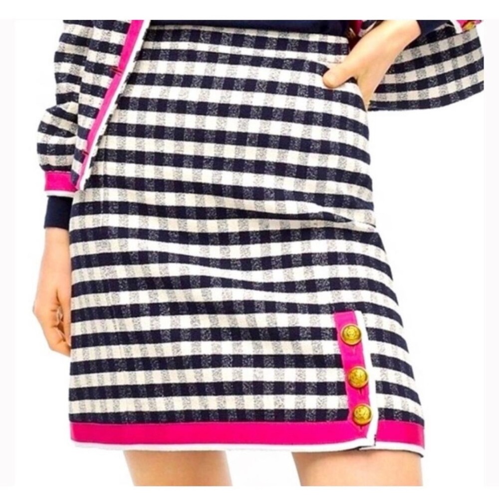 J.Crew NWT Grosgrain-Trim Mini Skirt in Gingham Tweed Navy/Pink Size 4